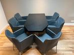 Zwarte tafel met 6 grijze Bert Plantagie stoelen, Huis en Inrichting, Complete eetkamers, Ophalen, Gebruikt, 4 tot 6 stoelen