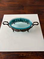 Antiek blauw glazen schaal met metalen houder, Antiek en Kunst, Ophalen of Verzenden