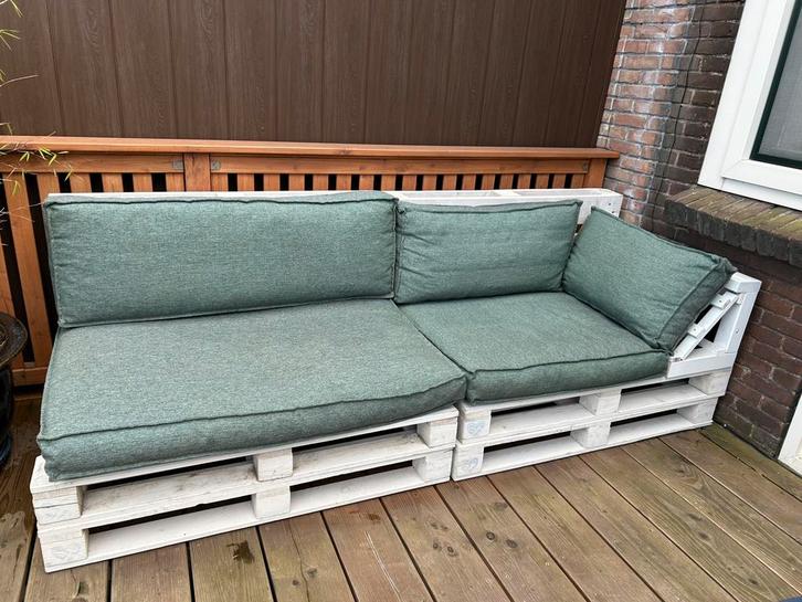 Superlekkere palletbank incl groene kussens en hoes, Tuin en Terras, Tuinbanken, Zo goed als nieuw, Hout, Ophalen