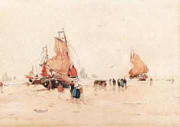 Henri Cassiers (1858-1944)  Aquarel. Botters op het strand  beschikbaar voor biedingen