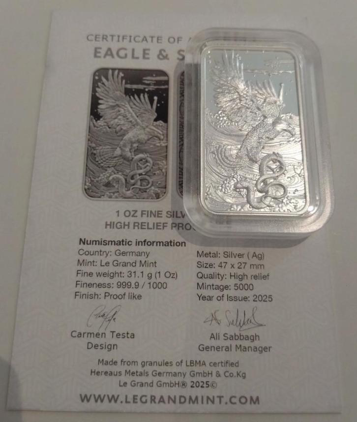 Zilver oz proof baar - Eagle & Serpent - Le Grand Mint, Postzegels en Munten, Edelmetalen en Baren, Zilver, Ophalen