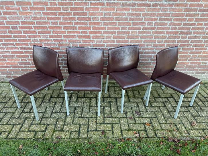 4x Leolux Myto eetkamerstoelen bruin leer., Huis en Inrichting, Stoelen, Gebruikt, Vier, Leer, Metaal, Bruin, Ophalen