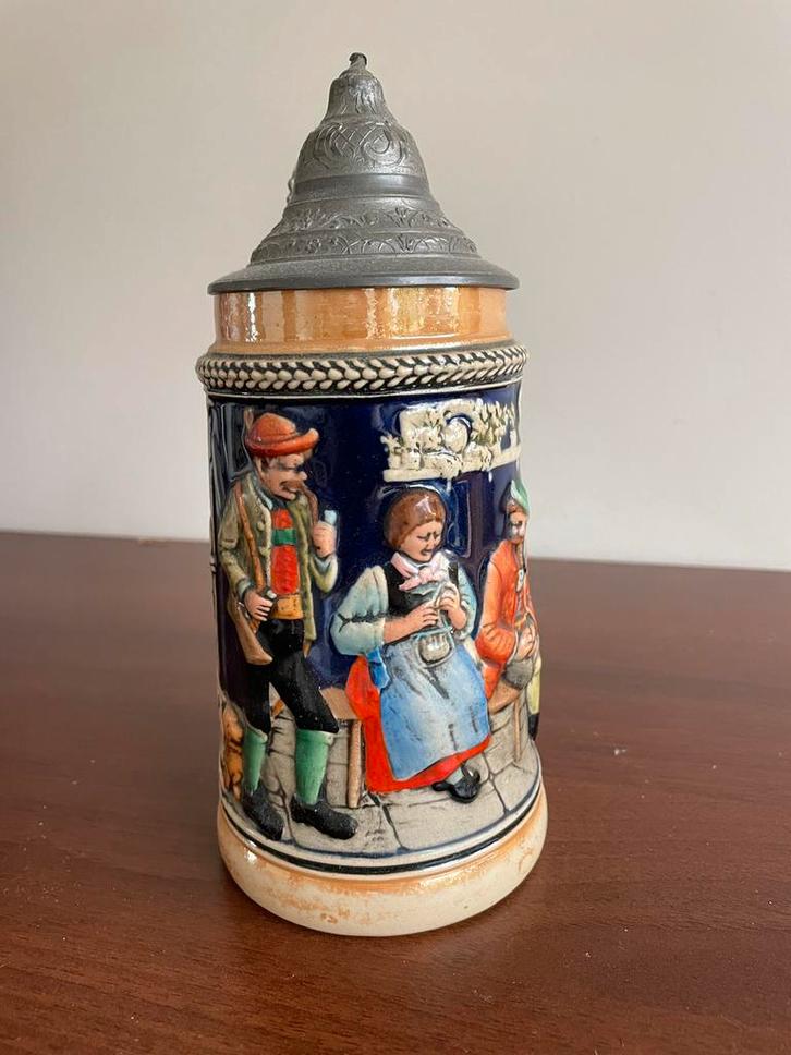 Duitse Bierpul met Tinnen Deksel - 20cm, Antiek en Kunst, Antiek | Keramiek en Aardewerk, Ophalen of Verzenden