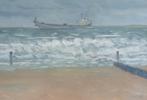 Schip op de zee - olieverfschilderij 46 x 36 cm (lijst 3 cm), Antiek en Kunst, Kunst | Schilderijen | Klassiek, Ophalen of Verzenden