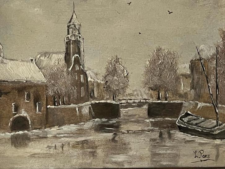 Leo Pors, gezicht op een winters Delfshaven, Antiek en Kunst, Kunst | Schilderijen | Klassiek, Ophalen