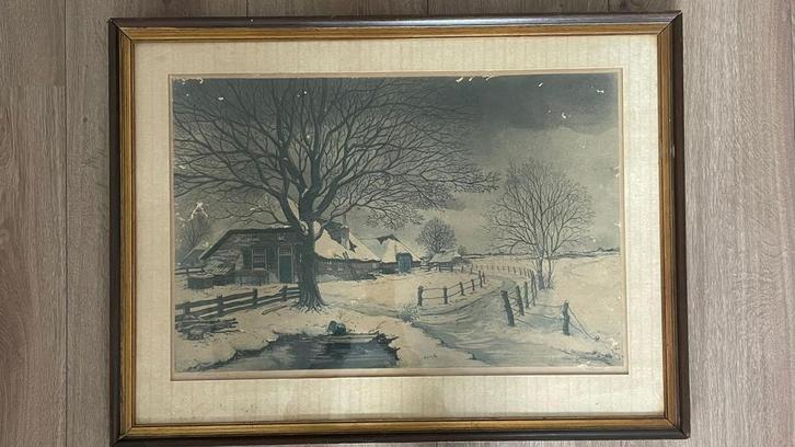 Winterlandschap met boerderij – gesigneerd, Antiek en Kunst, Kunst | Schilderijen | Klassiek, Ophalen of Verzenden