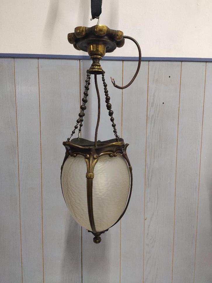 Art nouveau hang lamp - glas messing, Antiek en Kunst, Antiek | Lampen, Ophalen of Verzenden