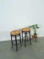 Set jaren 50 houten barkrukken met webbing uit Frankrijk, Huis en Inrichting, Barkrukken, Gebruikt, Met voetsteun, Hout, 60 tot 90 cm