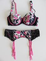 Hunkemoller BH en jarretel dalmatier print maat 75B M, Hunkemöller, Verzenden, Zwart, Setje