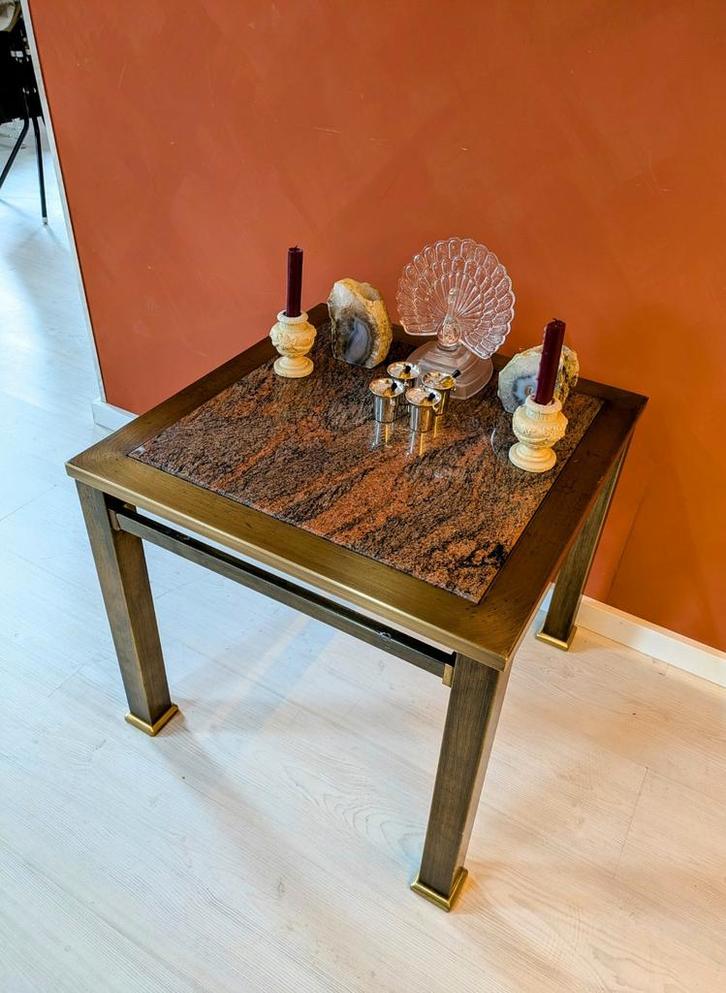 Vintage Hollywood Regency Bijzettafel Graniet Messing, Huis en Inrichting, Tafels | Bijzettafels, Zo goed als nieuw, Vierkant