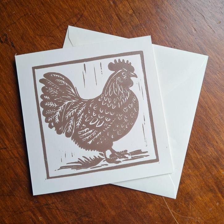 Dubbele wenskaart 15x15 cm. met envelop. kip, linosnede, Diversen, Wenskaarten, Nieuw, Ophalen of Verzenden