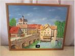Leuk Geschilderd Werk 'Oude Brug en Stad' - L Nijs, Ophalen of Verzenden