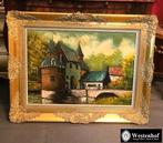 Antiek / oude kunst - grote schilderij kasteel - gesigneerd
