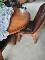 Ronde Eettafel + 4 Lederen Stoelen, Ophalen of Verzenden, Gebruikt, Vintage, 4 tot 6 stoelen