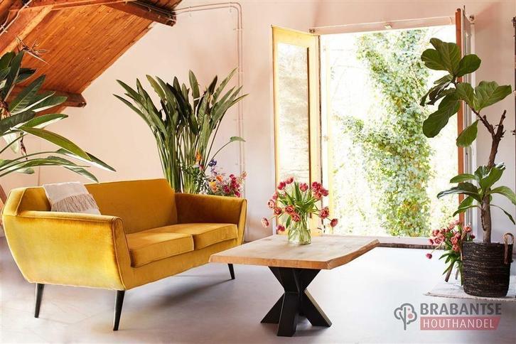 Eiken boomstam tafel bladen metalen onderstellen, Huis en Inrichting, Tafels | Bijzettafels, Nieuw, Ovaal, 60 cm of meer, Hout