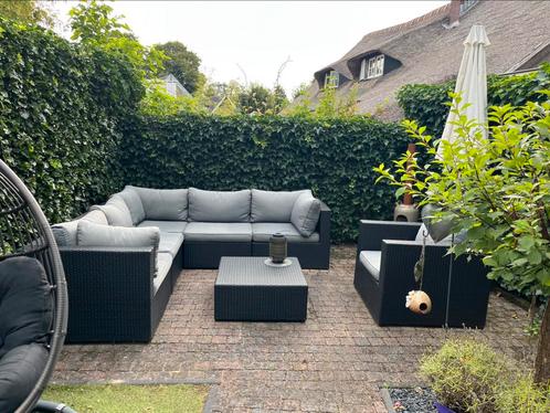 Loungeset met fauteuil en hocker 240x240, Tuin en Terras, Tuinsets en Loungesets, Gebruikt, Loungeset, Wicker, 6 zitplaatsen, Bank