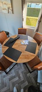 Ronde eettafel met 5 leren stoelen, Huis en Inrichting, Complete eetkamers, Ophalen of Verzenden, Gebruikt, Modern, 4 tot 6 stoelen