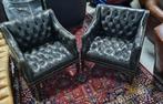 2 Chesterfield fauteuil Ralph Lauren style zwart + BEZORGING, Huis en Inrichting, Fauteuils, Gebruikt, Leer, Ophalen of Verzenden