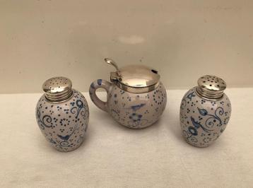 Wit/blauw met zilver - Set  Mosterdpot Peper & Zout beschikbaar voor biedingen