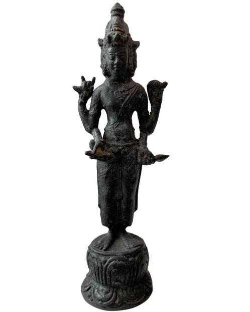 Zuid-Indisch bronzen godenbeeld – ca. 1800, 4 armen, 23 cm, Huis en Inrichting, Woonaccessoires | Boeddhabeelden, Gebruikt, Ophalen of Verzenden