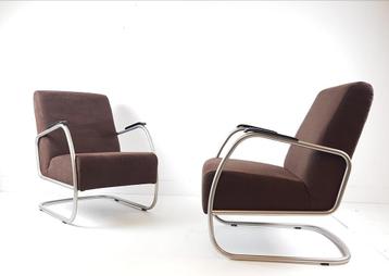 Retro bruine buisframe fauteuils | Set van 2 bruine rib beschikbaar voor biedingen