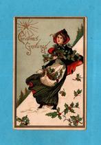 Pracht oude kerstkaart/reliéf M496 - Dame met kersthulst, Verzenden, Voor 1920, Gelopen, Overige thema's