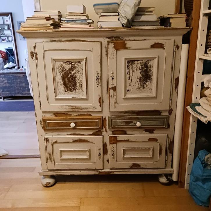 Vintage Houten Kast, Geschilderd - 1.40m Hoog, Huis en Inrichting, Kasten | Buffetkasten, Gebruikt, 25 tot 50 cm, Ophalen