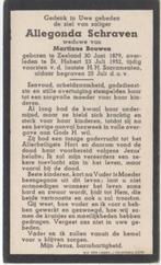 Allegonda Schraven 1879 Zeeland + 1952 St. Hubert, 73 jr, Verzenden, Bidprentje