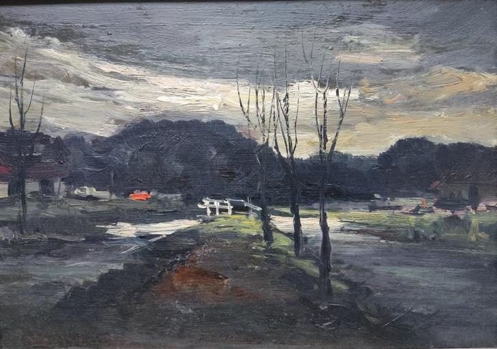 Toon Koster (1913-1990) - Landschap met witte brug, Antiek en Kunst, Kunst | Schilderijen | Klassiek, Ophalen of Verzenden