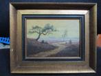 Landschap, olieverf, heidelandschap met weg en grove den af, Antiek en Kunst, Ophalen of Verzenden