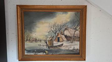 Schilderij met winter tafereel  - houten lijst ca. 60 x 51cm beschikbaar voor biedingen