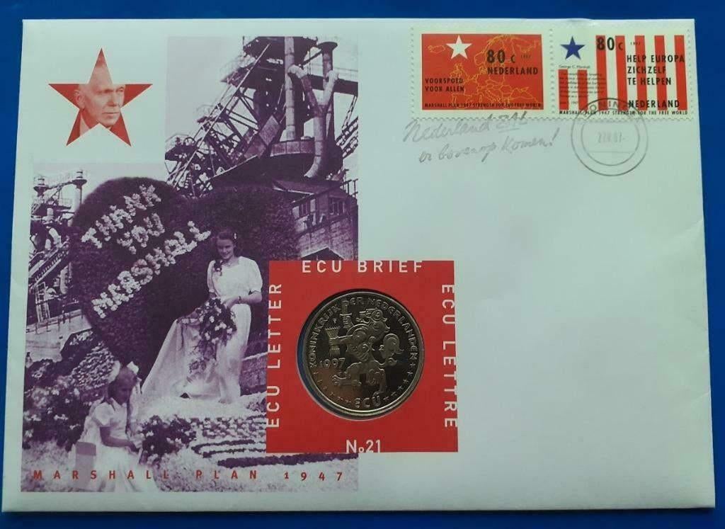 ECU brief 21 - Marshall Plan 1947 - 1997, Postzegels en Munten, Penningen en Medailles, Overige materialen, Nederland, Verzenden