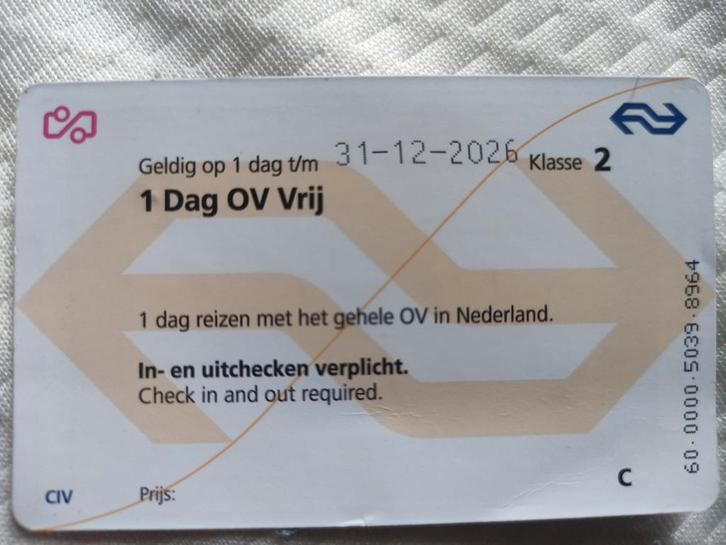 NS 1 Dag OV Vrij – Geldig t/m 31-12-2026 – Onbeperkt reiz, Tickets en Kaartjes, Trein, Bus en Vliegtuig, Eén persoon, Algemeen kaartje