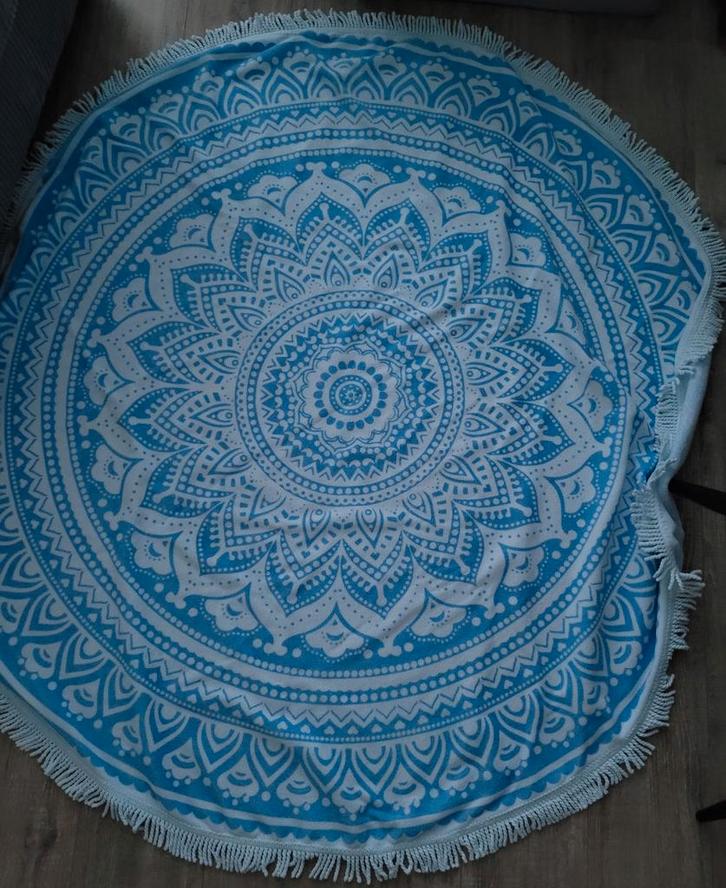 Nieuw! Ronde strandhanddoek mandala blauw/wit met franjes, Huis en Inrichting, Badkamer | Badtextiel en Accessoires, Nieuw, Ophalen of Verzenden