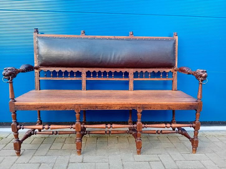 Antieke Eiken Halbank met Leeuwenkoppen, Antiek en Kunst, Antiek | Meubels | Stoelen en Banken, Ophalen