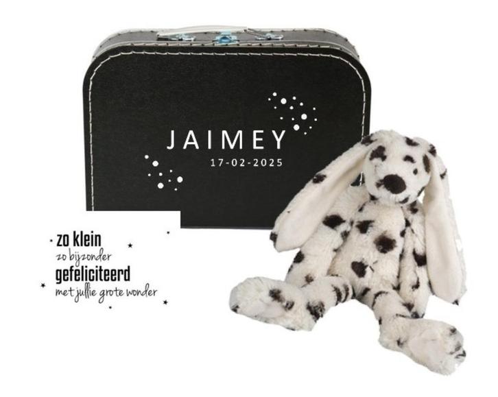 Kraamcadeau, gevuld geboortekoffertje Dots, Kinderen en Baby's, Kraamcadeaus en Geboorteborden, Nieuw, Kraamcadeau, Ophalen of Verzenden