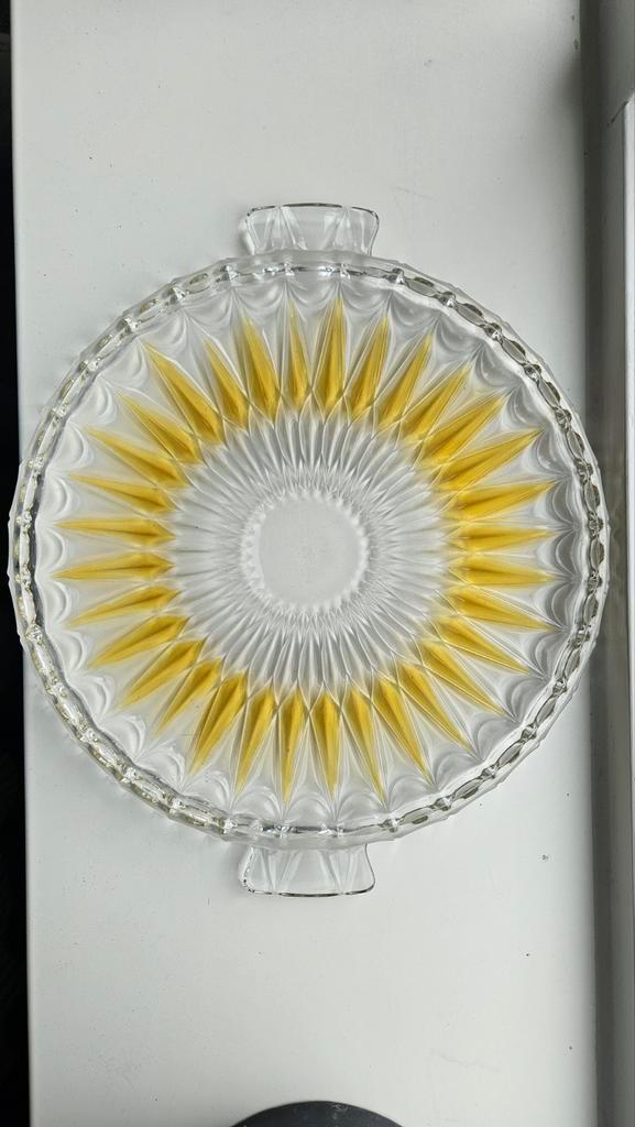 Walther Glas taart schaal - Geel Ster Design, Antiek en Kunst, Antiek | Glas en Kristal, Ophalen of Verzenden