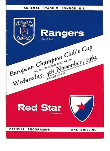 Europacup programma G. Rangers vs rode ster , 1964 beschikbaar voor biedingen