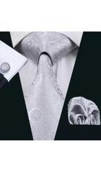 100% zijden stropdas pochet manchetknopen Zilver Grijs NIEUW, Kleding | Heren, Stropdassen, Nieuw, Grijs, Met patroon, Ophalen of Verzenden