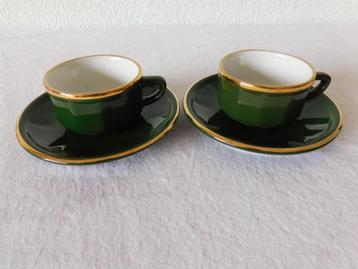 2 Apilco espresso kopjes en schotels, groen met gouden rand, beschikbaar voor biedingen