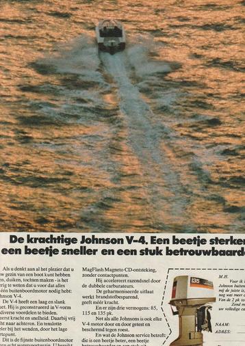 retro reclame 1974 Johnson V-4 buitenboordmotor boot beschikbaar voor biedingen