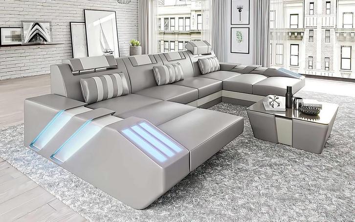 MODERNE STRAKKE HOEKBANKEN IN HET LEER MET LED LICHT NU 1495, Huis en Inrichting, Banken | Complete zithoeken, Nieuw, Leer, Verzenden