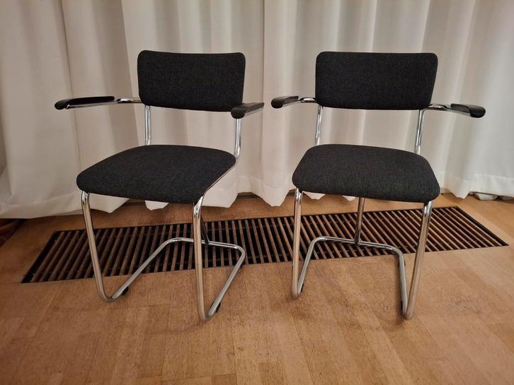 Set van 6 eettafel sledestoelen, Huis en Inrichting, Stoelen, Zo goed als nieuw, Vijf, Zes of meer stoelen, Metaal, Stof, Zwart