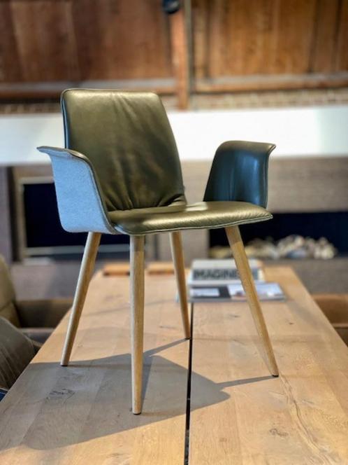 4x eetkamerstoel KFF, grijze stof met groen leer, Huis en Inrichting, Stoelen, Zo goed als nieuw, Vier, Hout, Leer, Stof, Overige kleuren