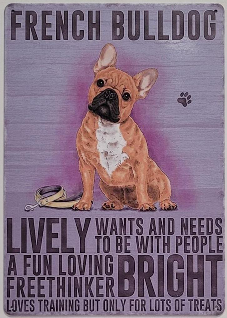 Franse Bulldog eigenschappen hond reclamebord van metaal, Dieren en Toebehoren, Honden-accessoires, Nieuw, Verzenden