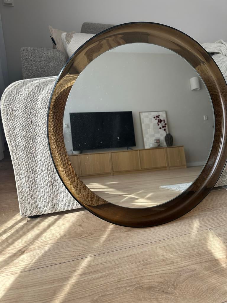 Vintage Guzzini wandspiegel, bruin acryl, rond, Mid-Century, Ophalen, Gebruikt, Rond, Minder dan 100 cm