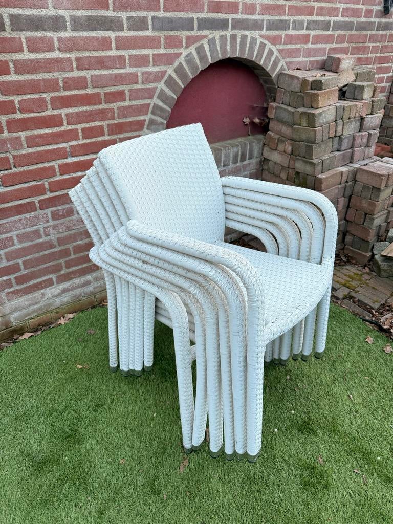 Set van 6 wit gevlochten tuinstoelen, Tuin en Terras, Tuinstoelen, Ophalen, Gebruikt, Wicker, Stapelbaar