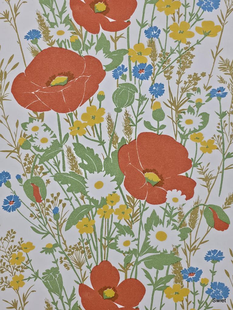 12595 vintage bloemen behang met klaprozen en korenbloem, Ophalen of Verzenden, 10 tot 25 m², Rood