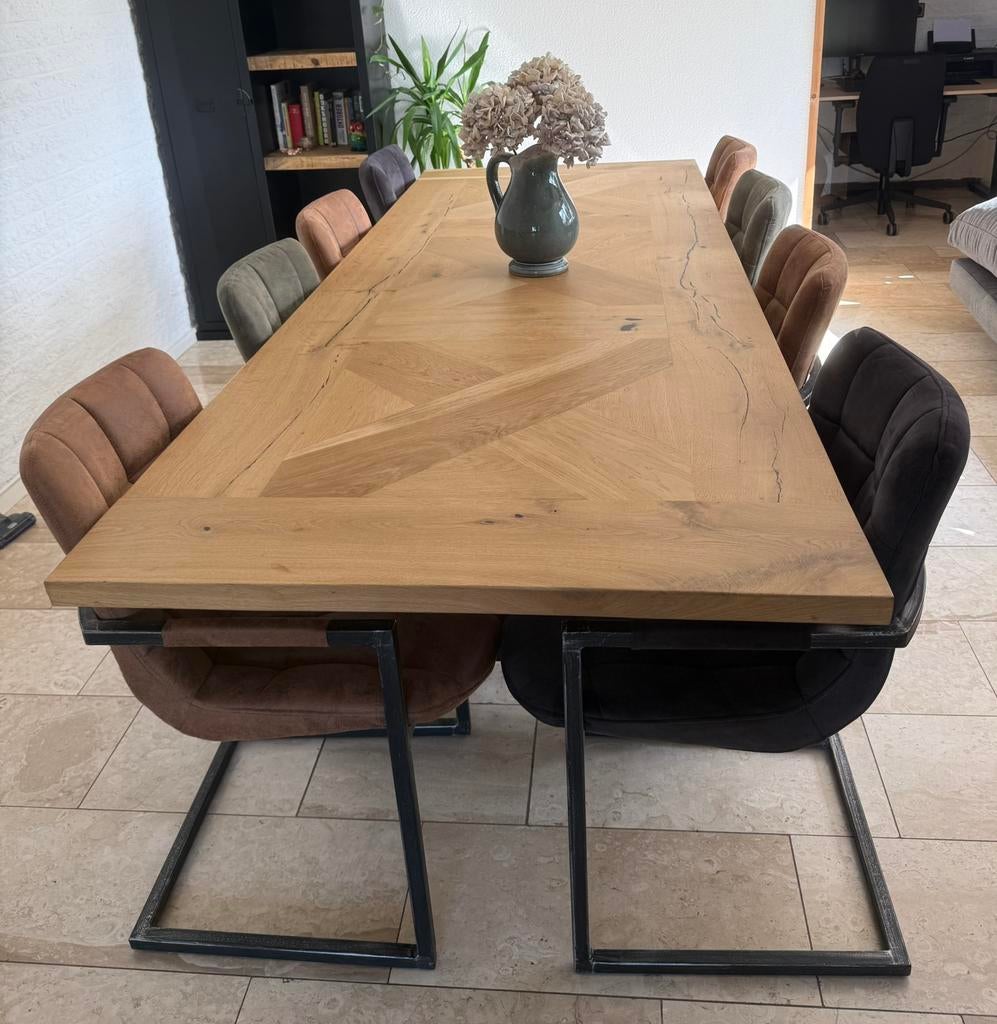 Massieve eikenhout tafel 260x100 + 8 stoelen, Huis en Inrichting, Tafels | Eettafels, Zo goed als nieuw, 50 tot 100 cm, 200 cm of meer