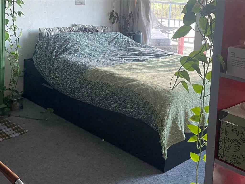 IKEA Brimnes bed 140 x 200 incl. Lattenbodem, Ophalen, Gebruikt, Zwart, Tweepersoons